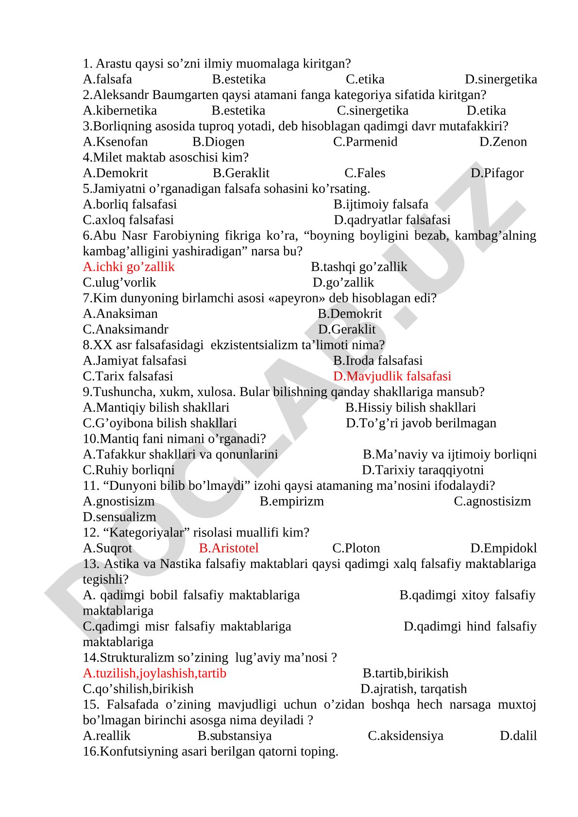 Falsafa va mantiq fanidan test savollari
