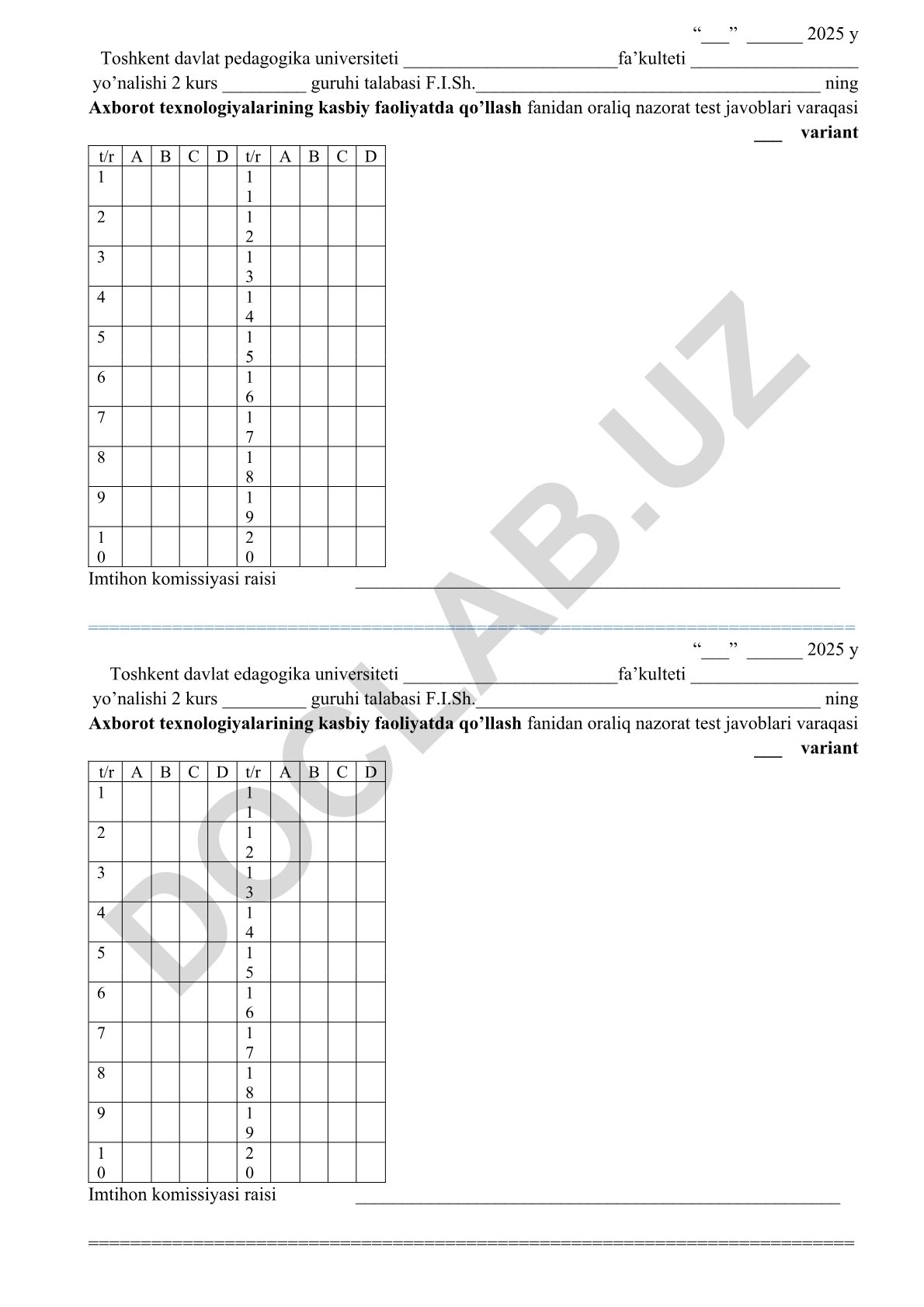 Axborot texnologiyalarining kasbiy faoliyatda qo'llash fanidan oraliq nazorat test javoblari