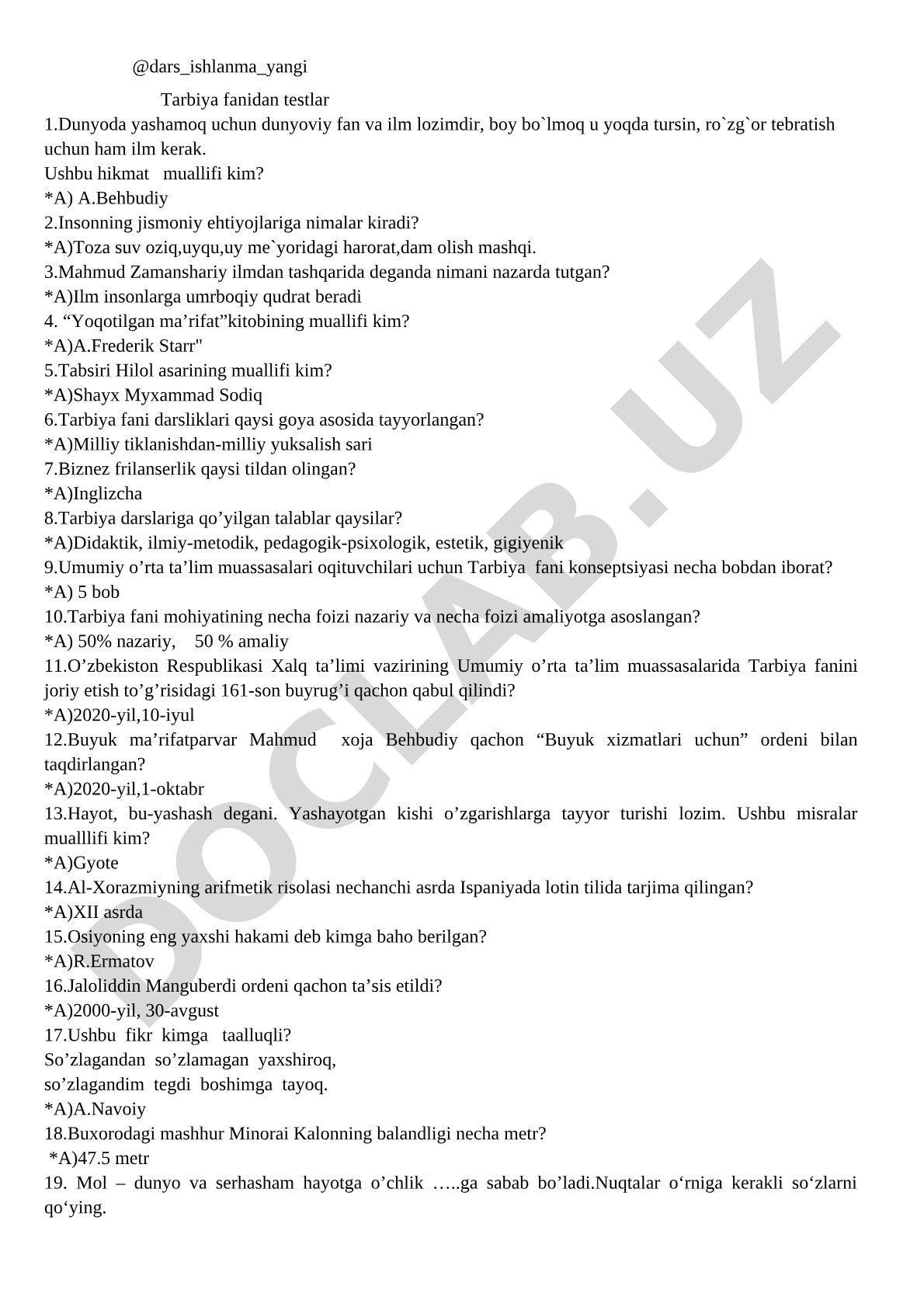 Tarbiya fanidan testlar