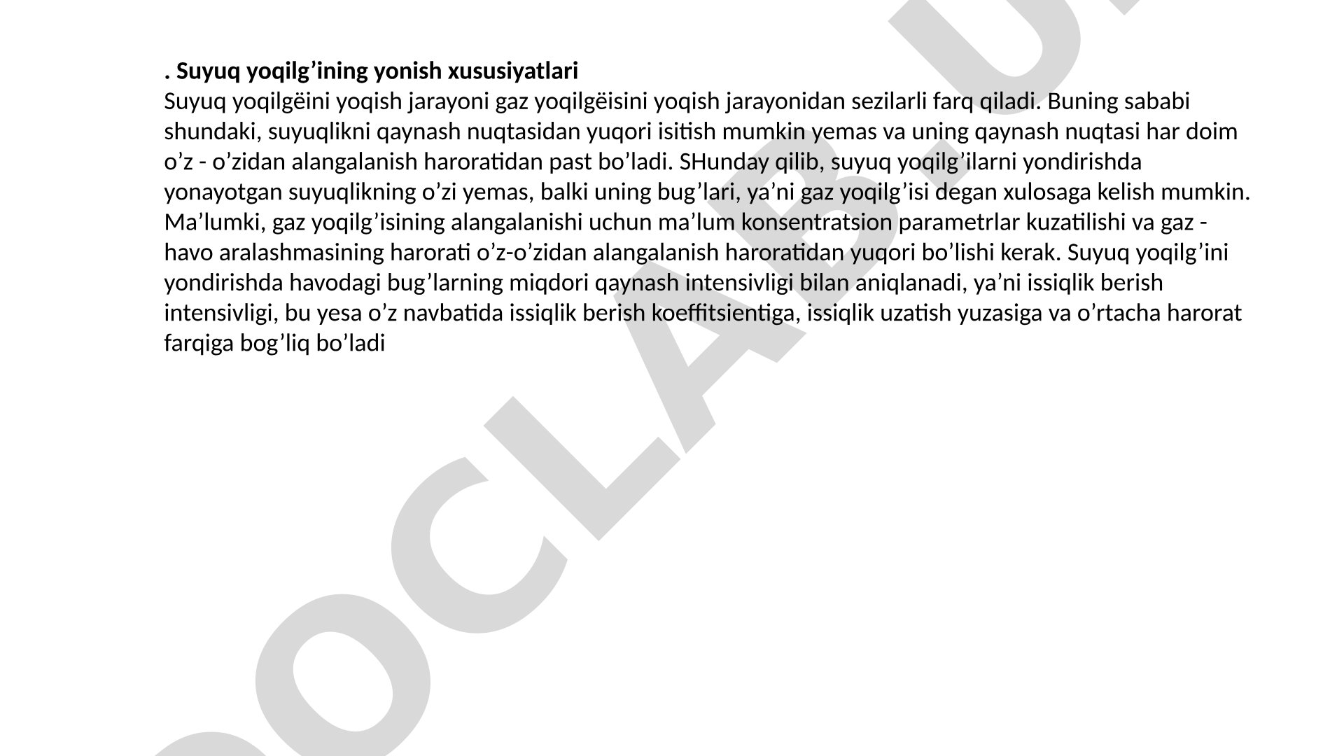 Suyuq yoqilg’ining yonish xususiyatlari
