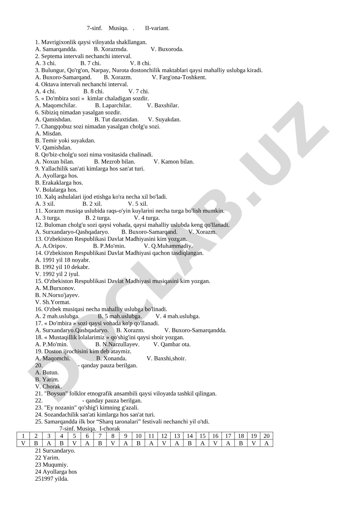 7-sinf Musiqa II variant test savollari