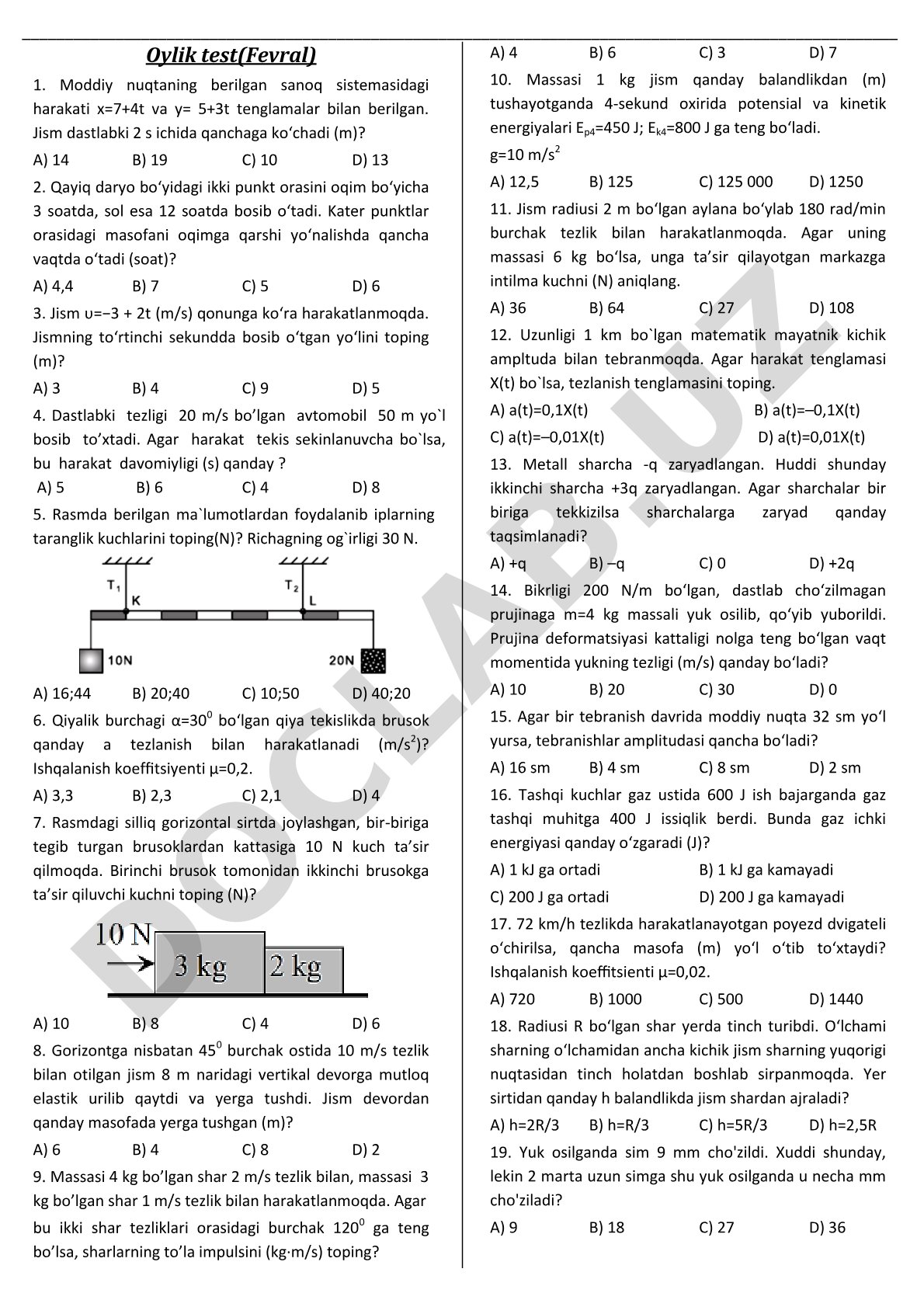 Fizikadan kinematika va dinamikaga oid oylik test