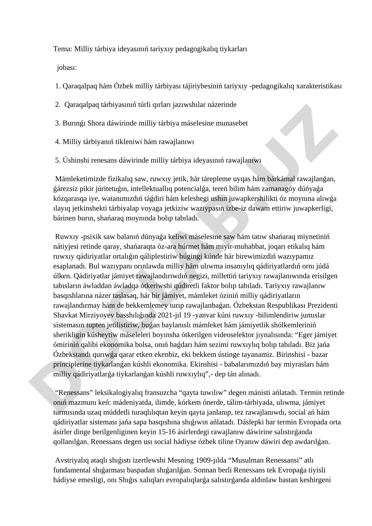 Milliy tárbiya ideyasınıń tariyxıy pedagogikalıq tiykarları jobası