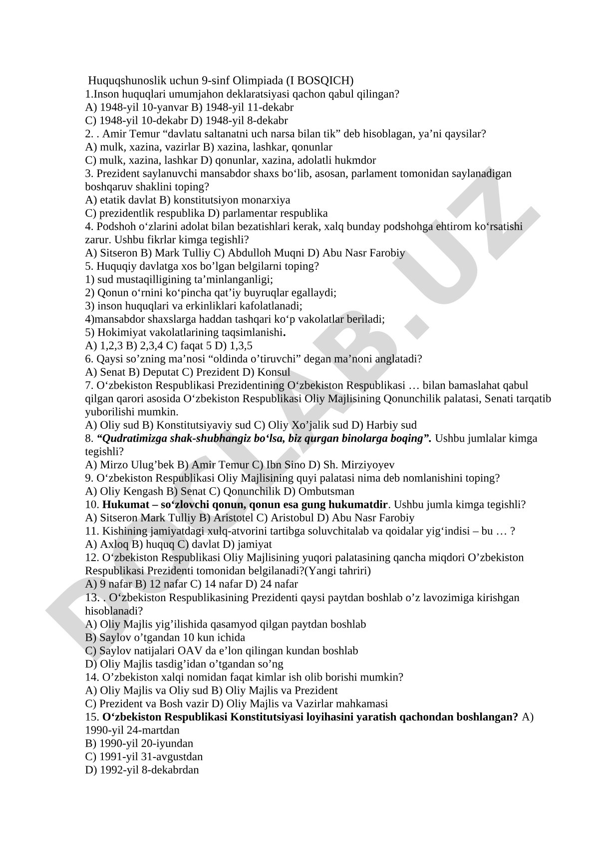 Huquqshunoslik 9-sinf olimpiada test savollari