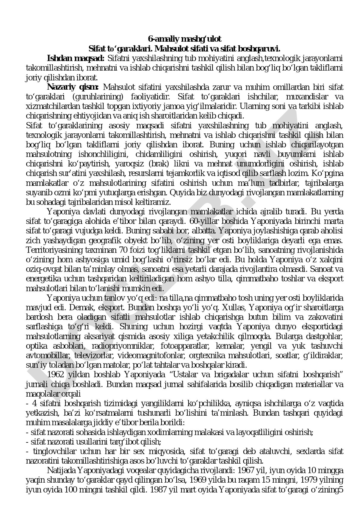 Sifat to‘garaklari. Mahsulot sifati va sifat boshqaruvi