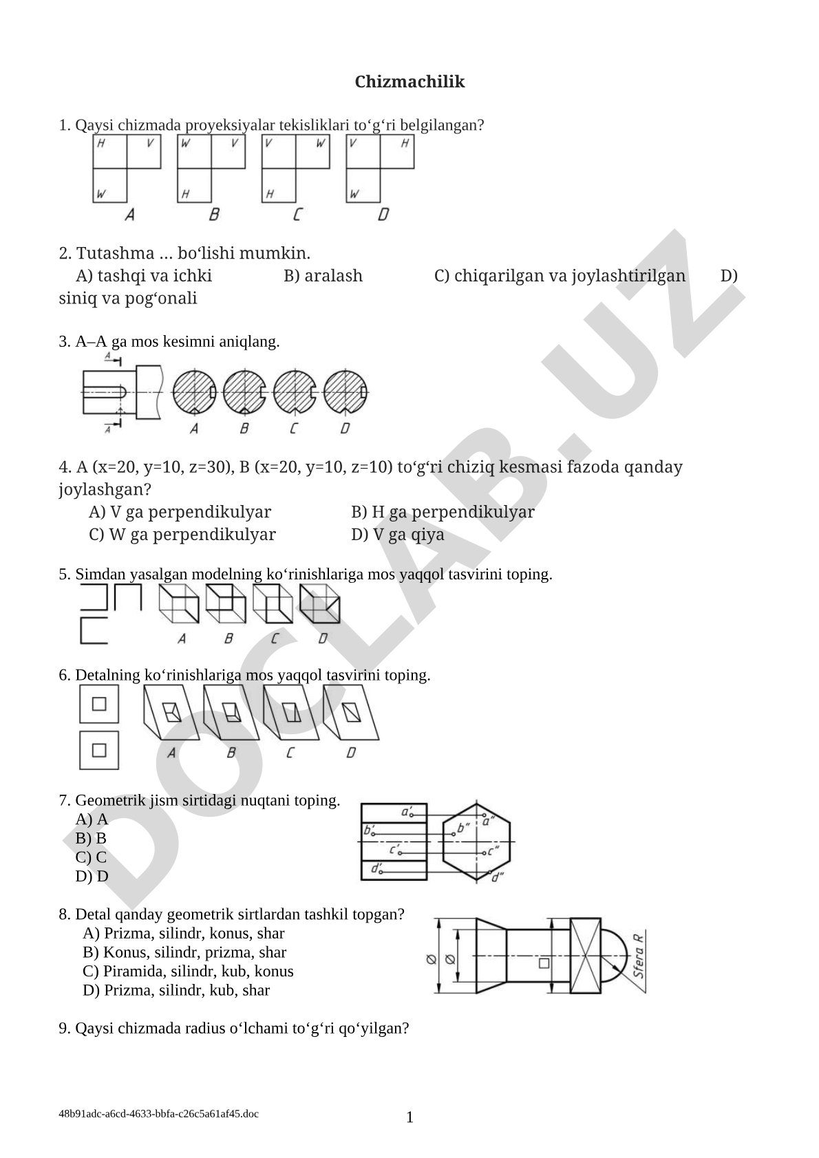 Chizmachilik fanidan test savollari