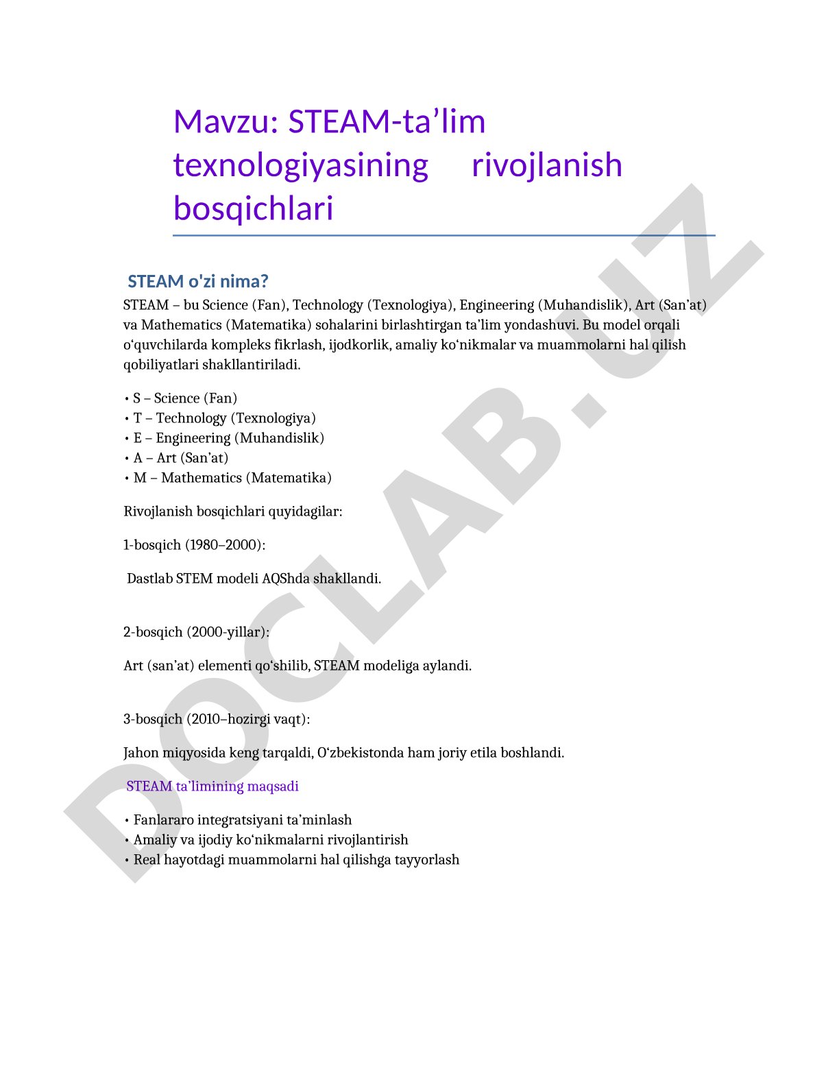 STEAM-ta’lim texnologiyasining rivojlanish bosqichlari