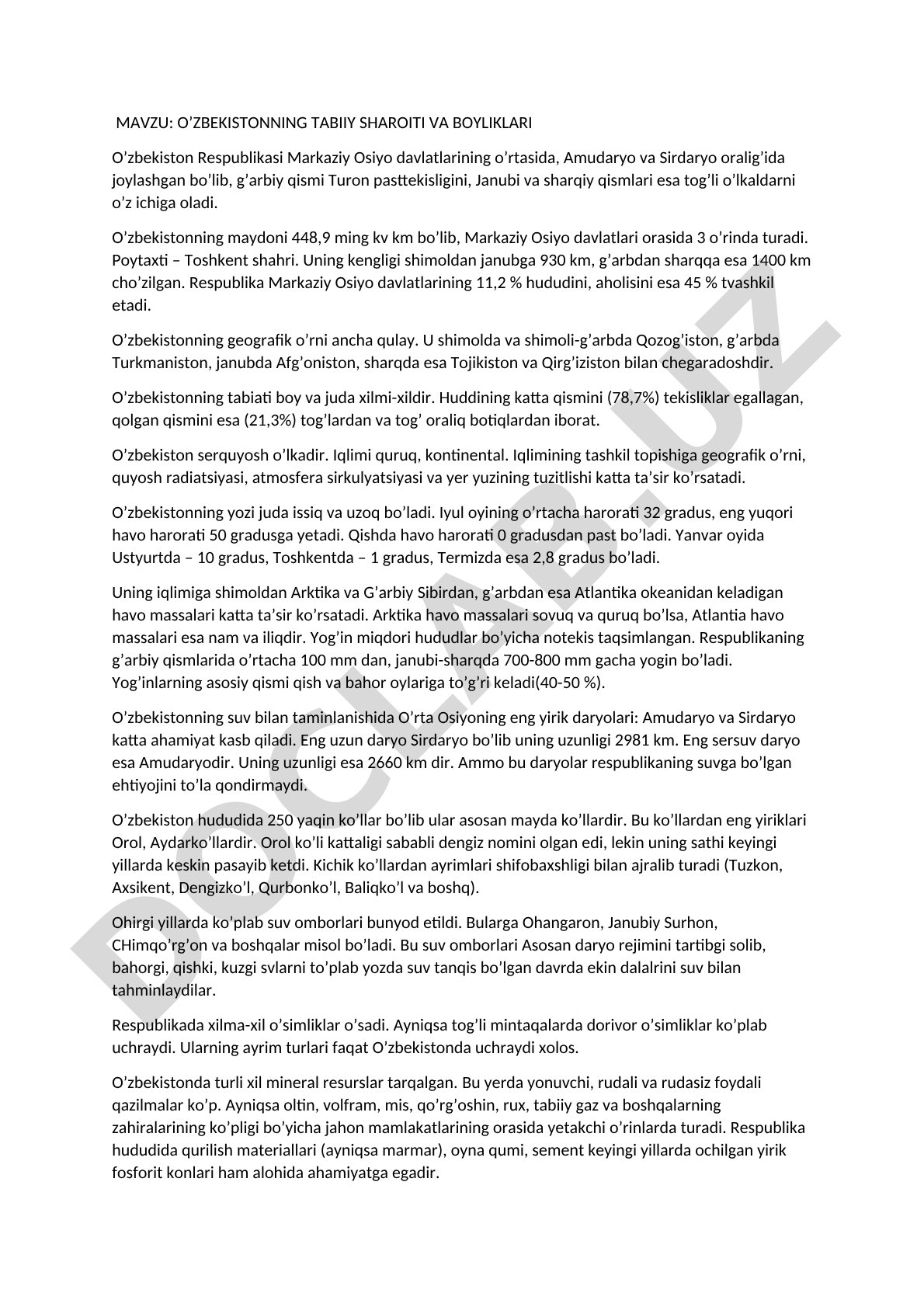 O'zbekistonning tabiiy sharoiti va boyliklari