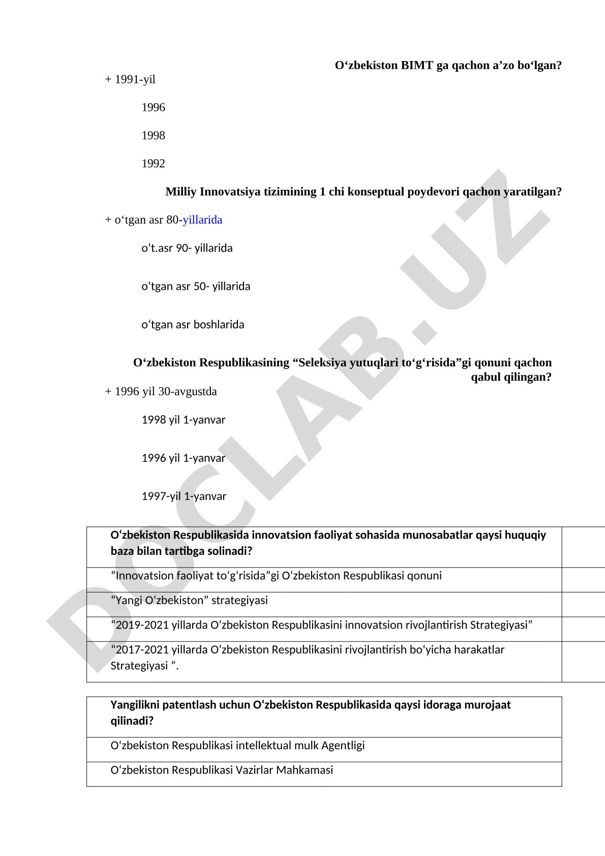 O‘zbekiston innovatsion tizimi bo‘yicha test savollari