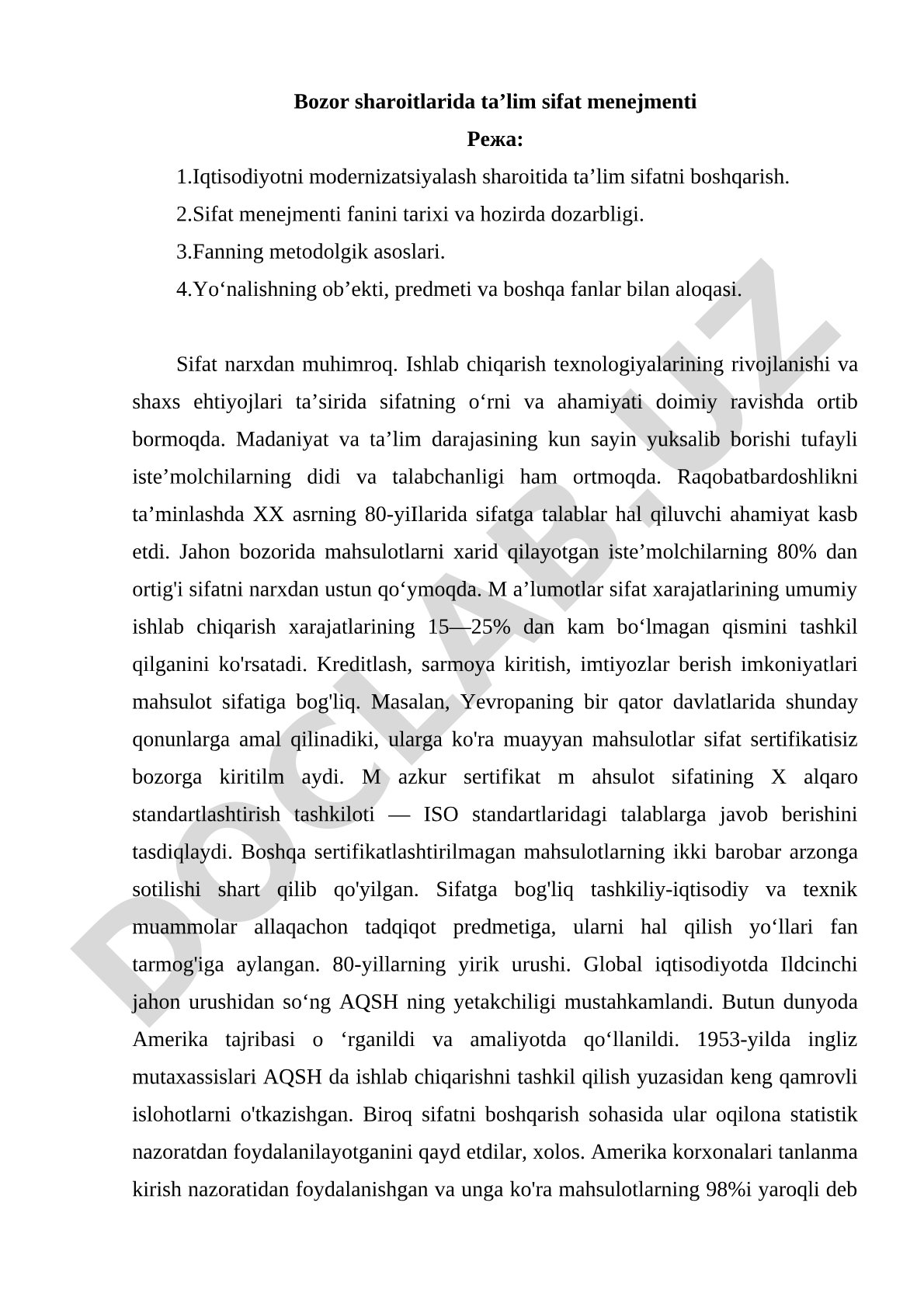 Bozor sharoitlarida ta’lim sifat menejmenti