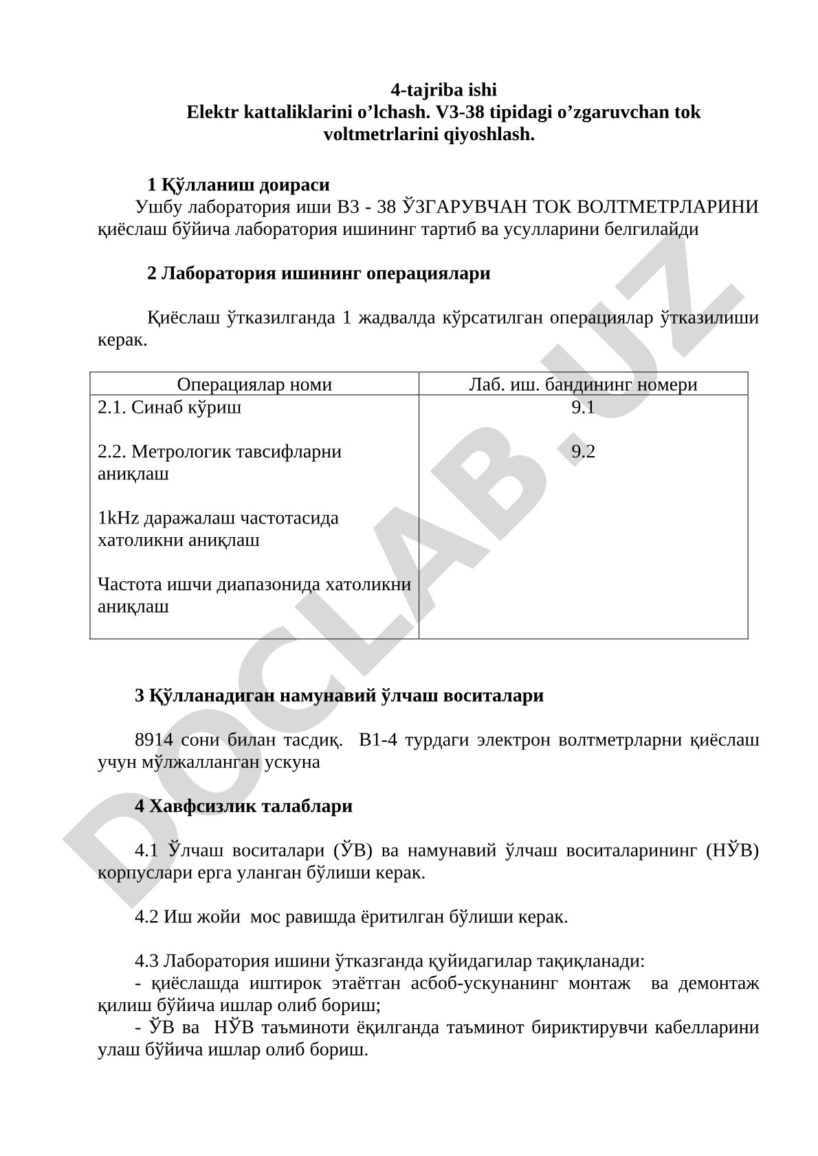 Elektr kattaliklarini o’lchash. V3-38 tipidagi o’zgaruvchan tok voltmetrlarini qiyoshlash