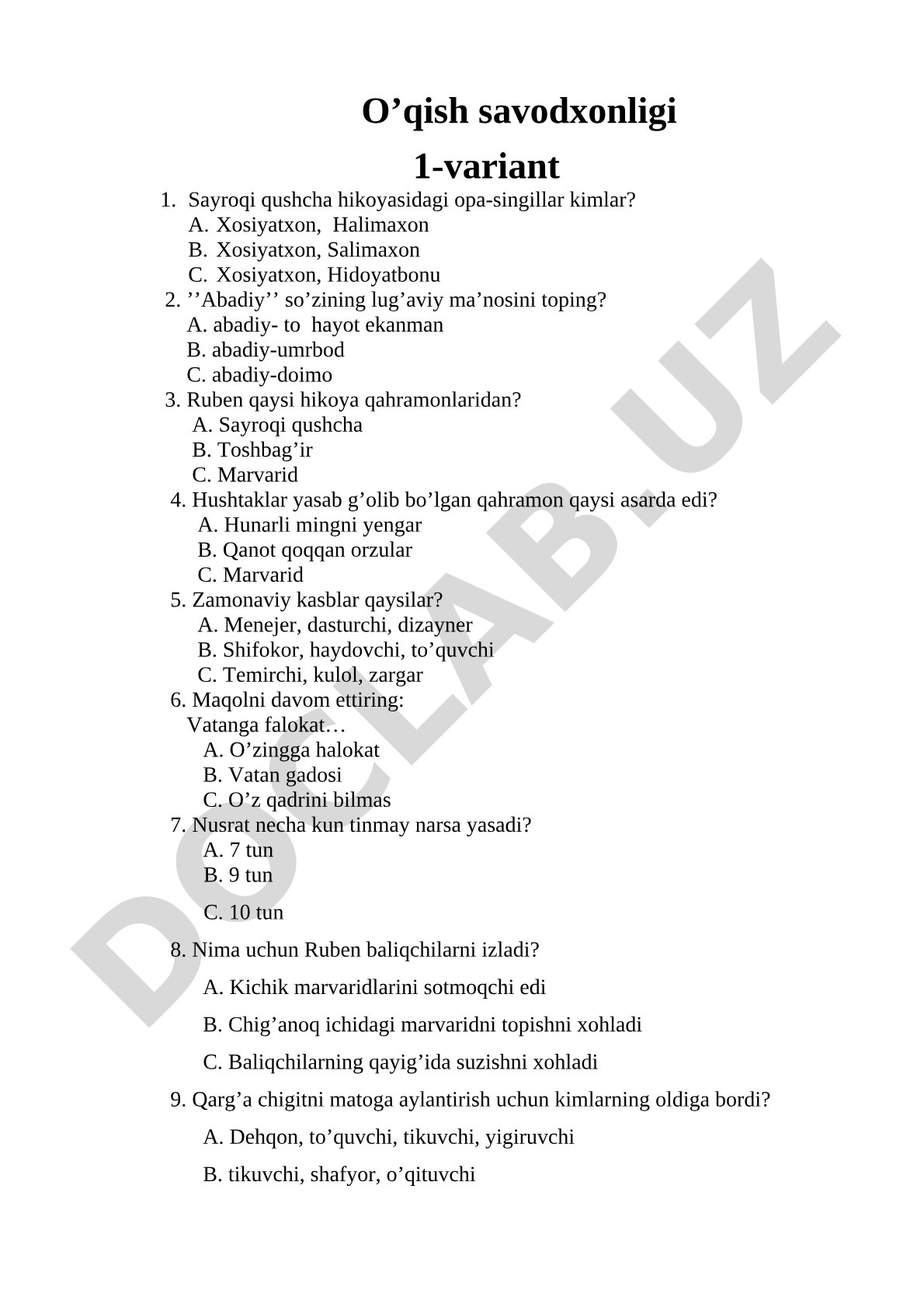 O'qish savodxonligi fanidan test savollari (1-variant, 10 ta)