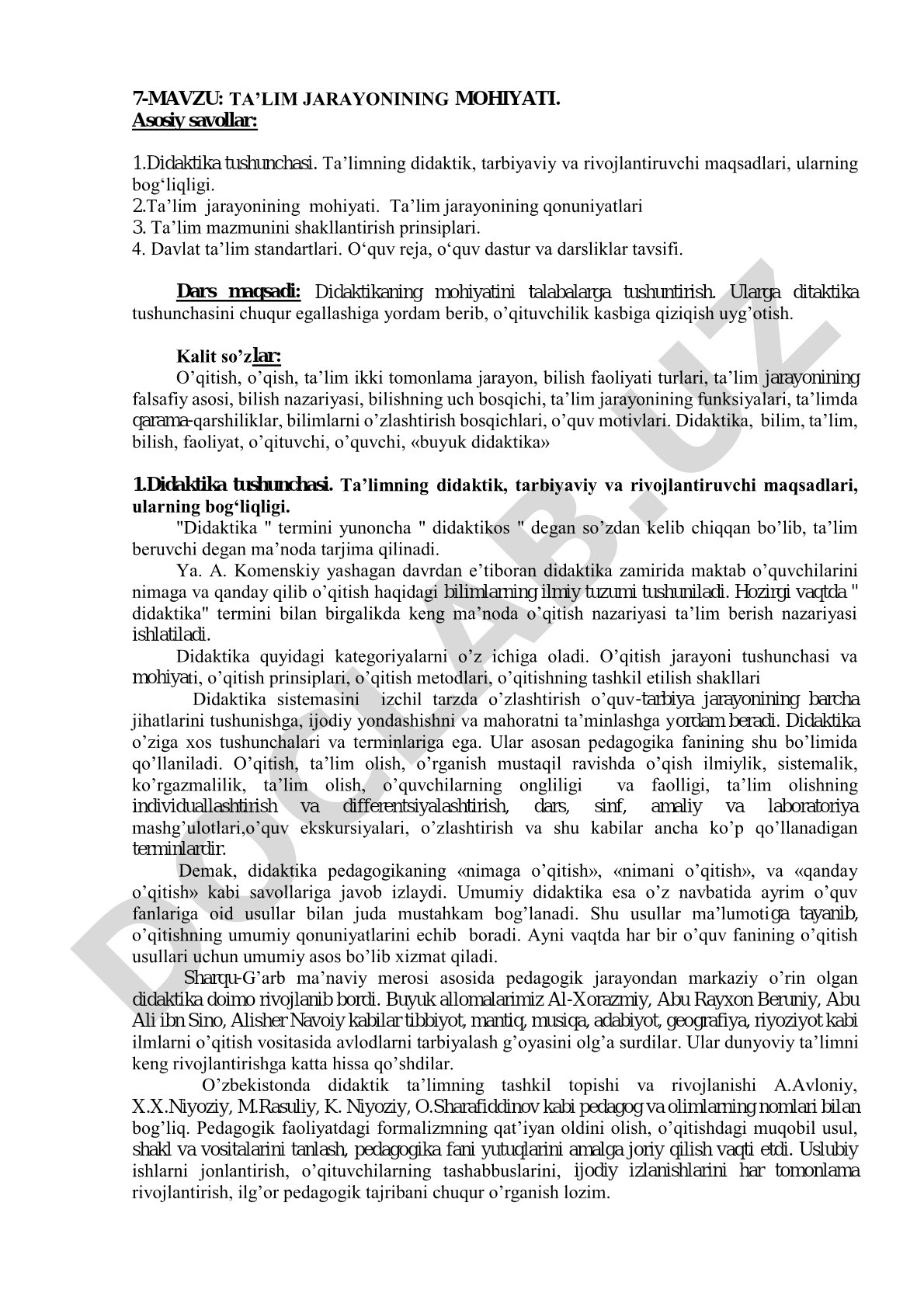 Didaktika tushunchasi, ta'lim maqsadlari, qonuniyatlari, mazmuni, davlat standartlari