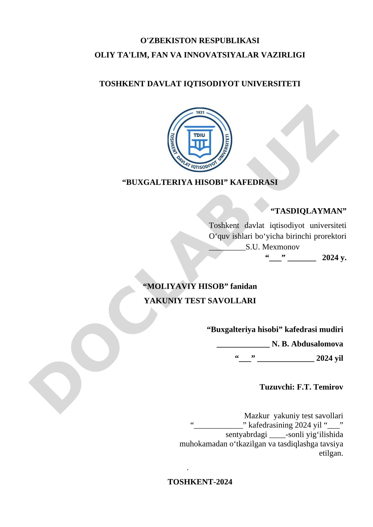 Moliyaviy hisob fanidan yakuniy test savollari