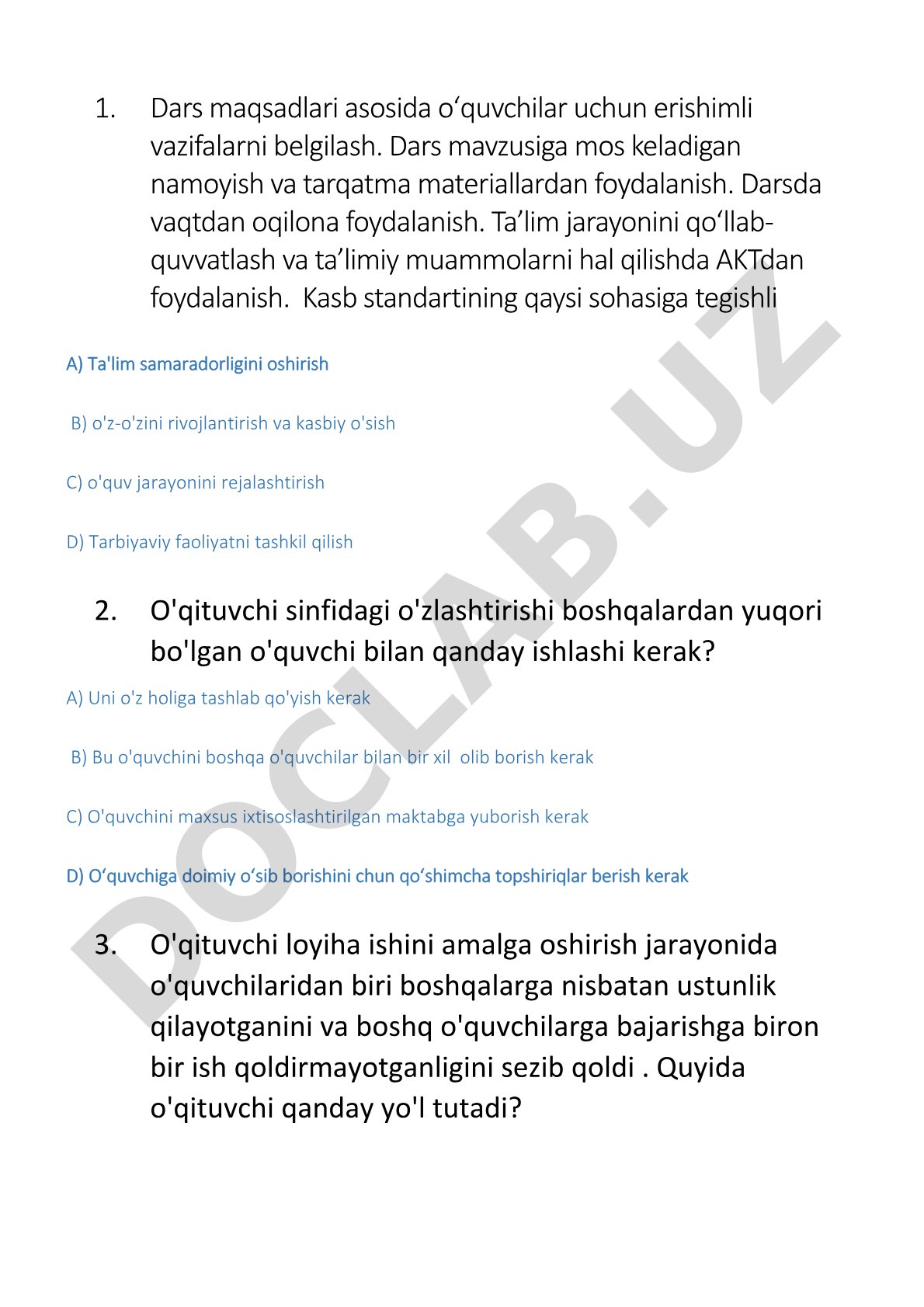 O'qituvchilar uchun pedagogik test savollari