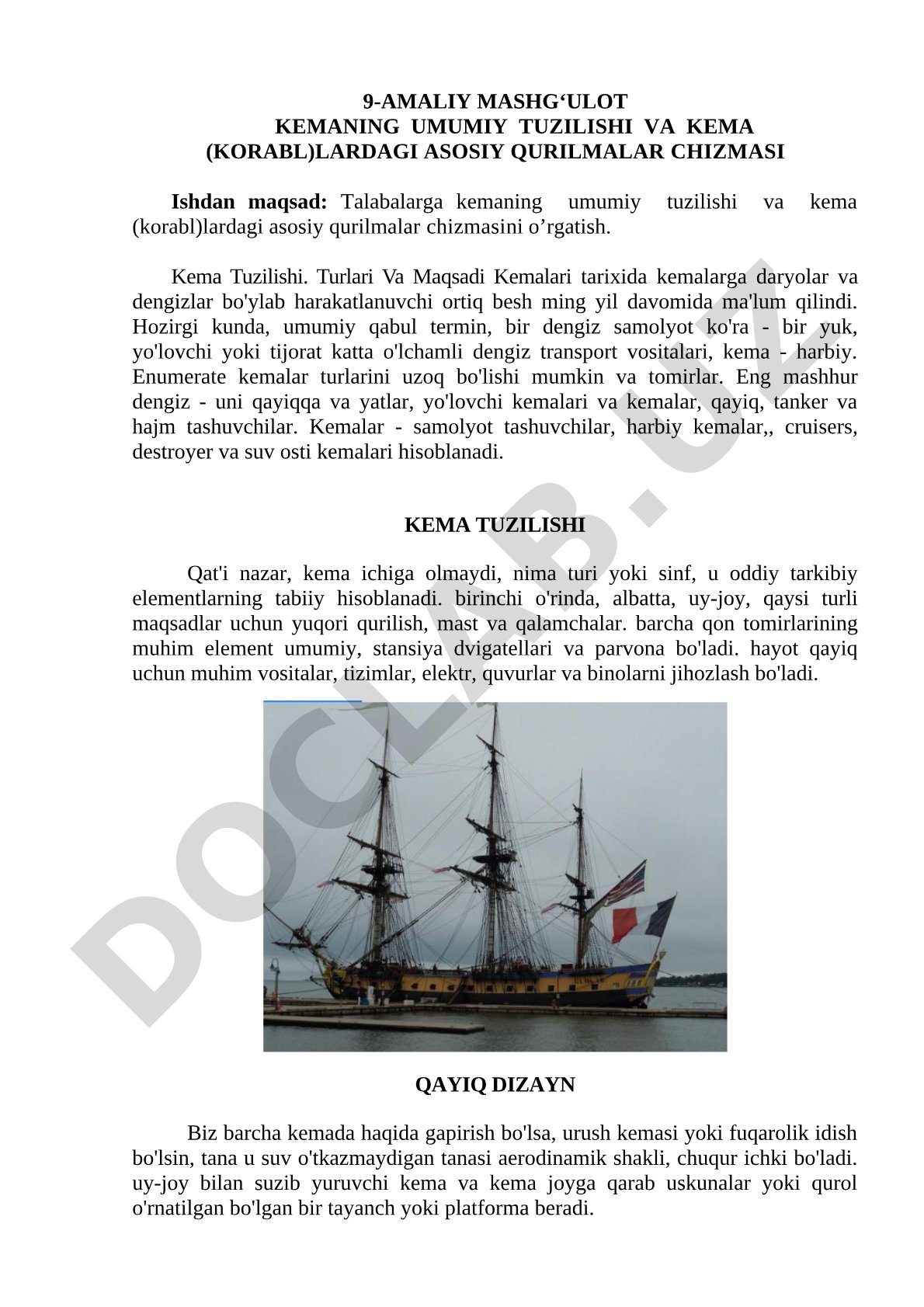 9-amaliy mashg‘ulot kemaning umumiy tuzilishi va kema (korabl)lardagi asosiy qurilmalar chizmasi