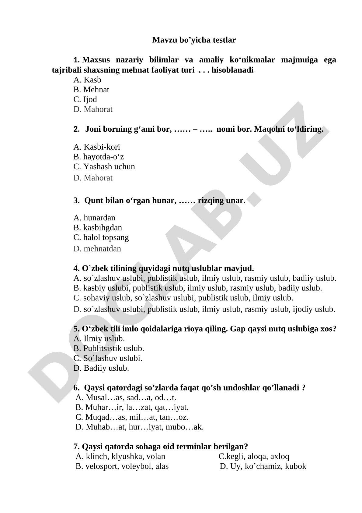 Kasb-hunar va o'zbek tili bo'yicha test savollari