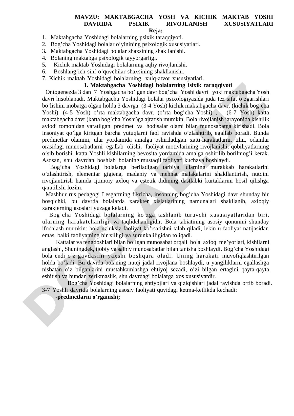 Maktabgacha yosh va kichik maktab yoshi davrida psixik rivojlanish xususiyatlari