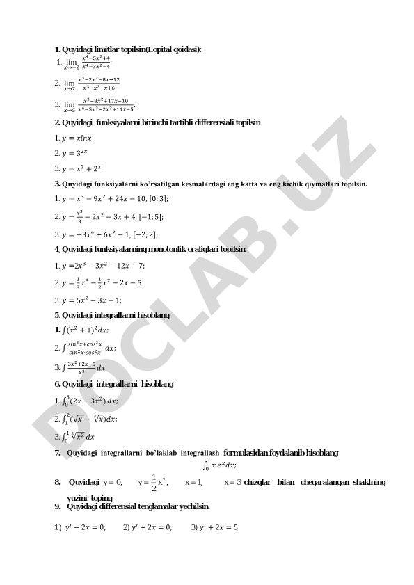 Matematik masalalar to'plami: limitlar, differensiallar, integrallar va differensial tenglamalar
