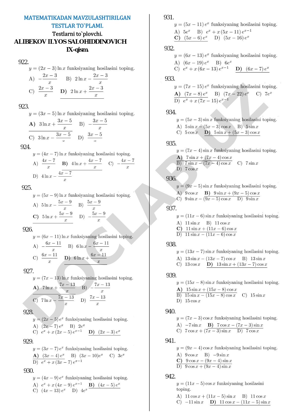 Matematikadan mavzulashtirilgan testlar to'plami