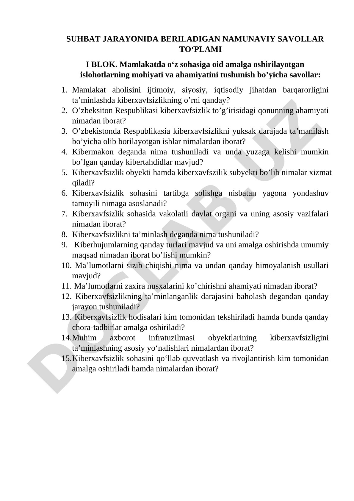 Kiberxavfsizlik islohotlari bo'yicha suhbat savollari