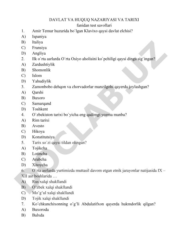 Davlat va huquq nazariyasi va tarixi fanidan test savollari
