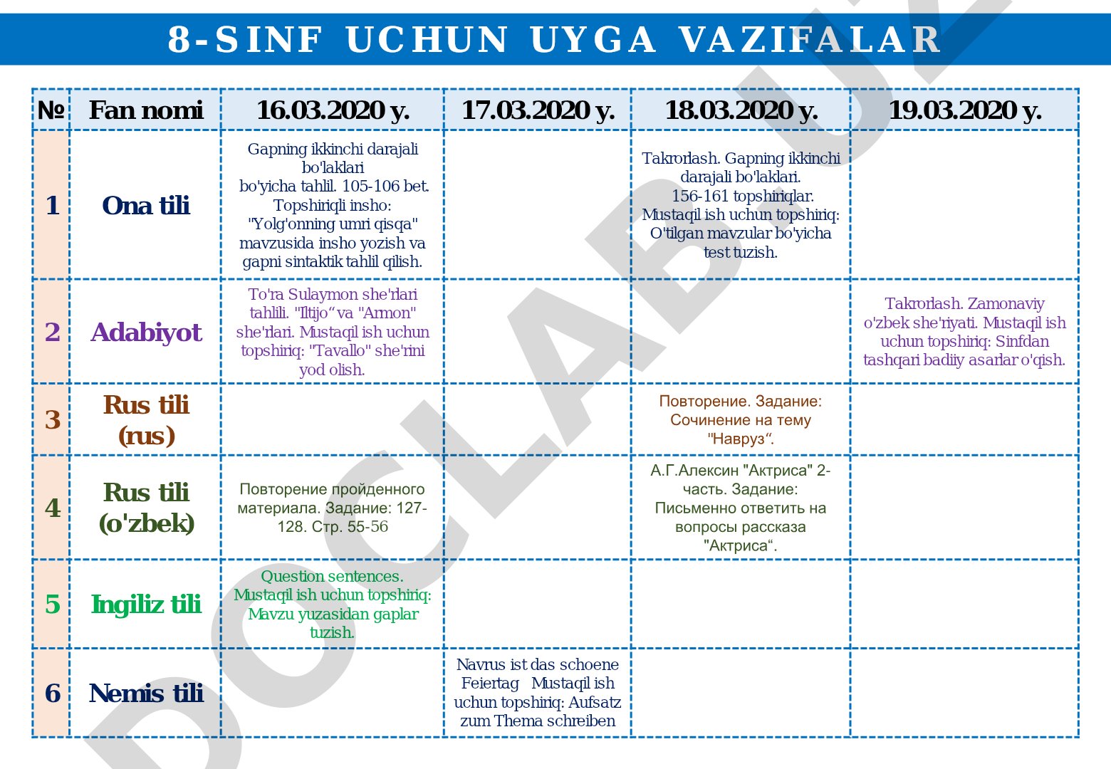 8-sinf uchun fanlar bo'yicha uyga vazifalar jadvali