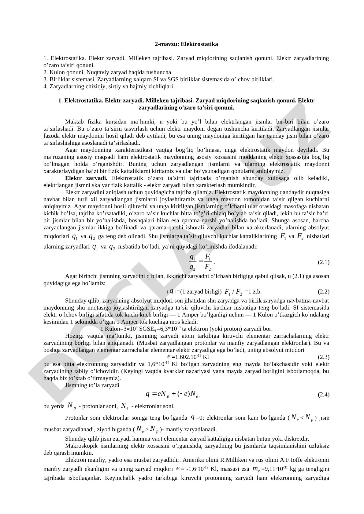 Elektrostatika, elektr zaryadi, Kulon qonuni, zaryad zichliklari haqida ma'ruza matni