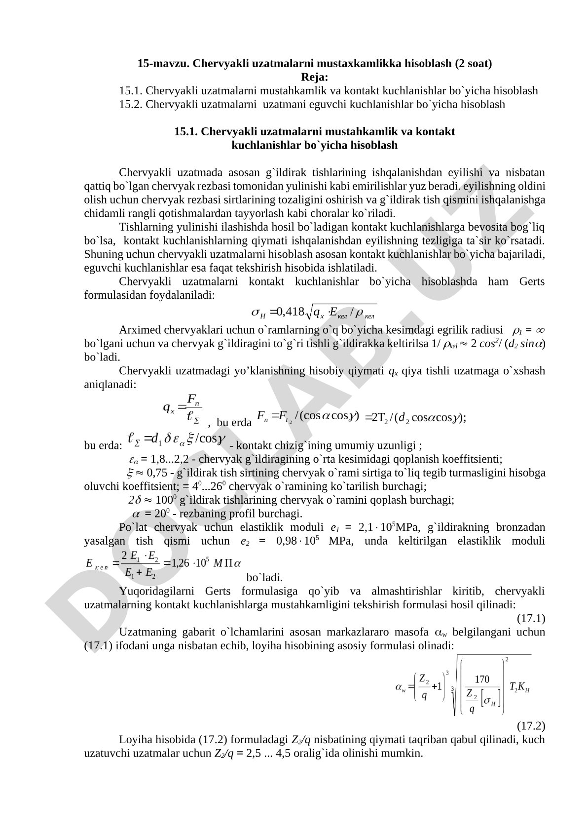 Chervyakli uzatmalarni mustaxkamlikka hisoblash