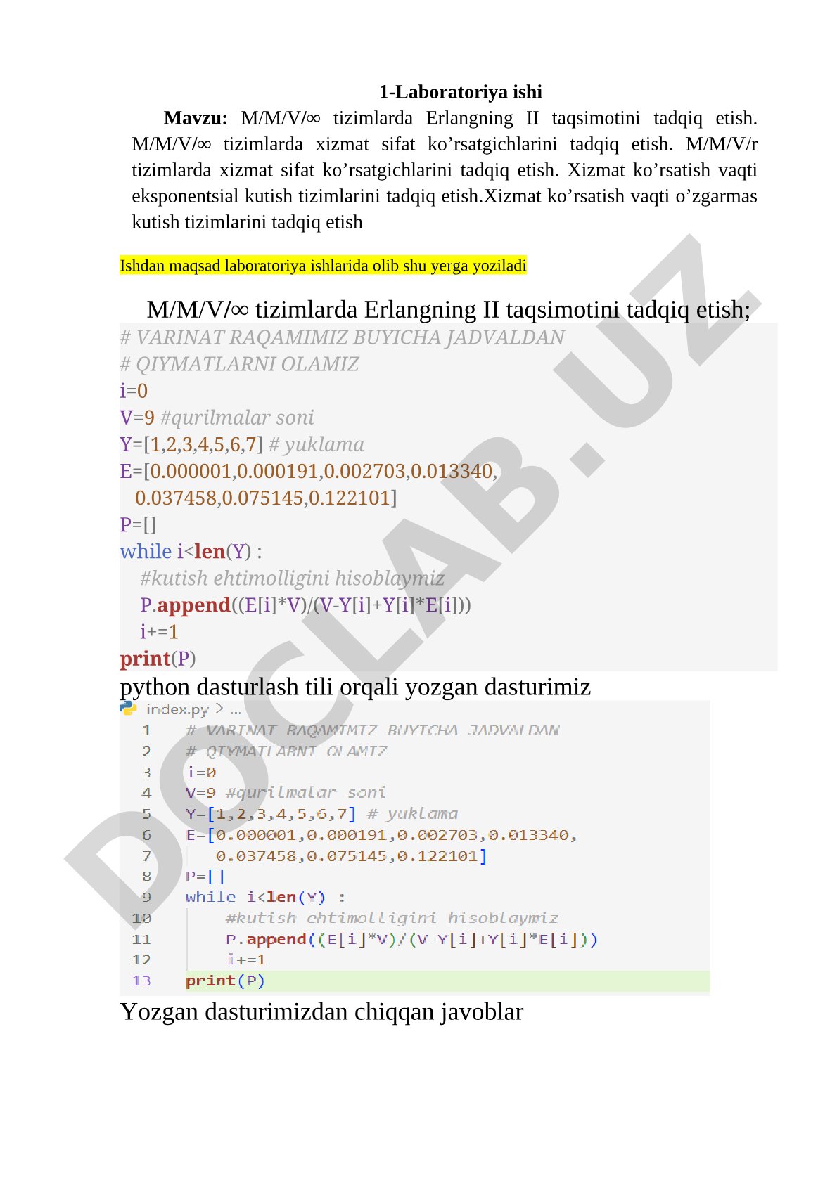 M/M/V/∞ tizimlarda Erlangning II taqsimotini tadqiq etish