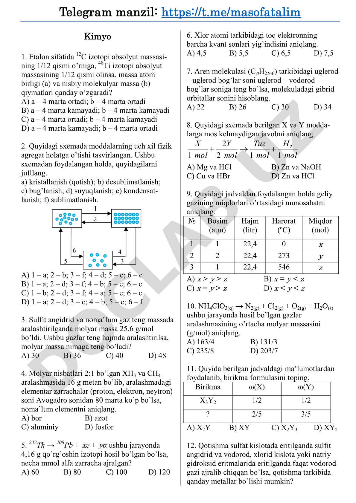 Kimyo fanidan test savollari