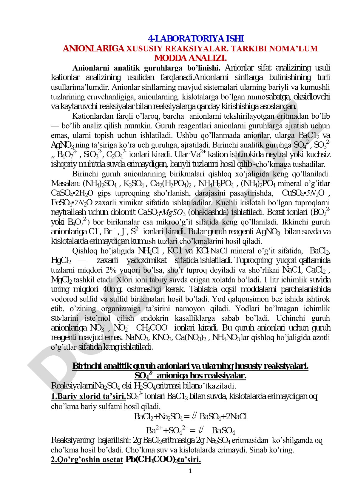 Anionlarga xususiy reaksiyalar va noma'lum modda analizi