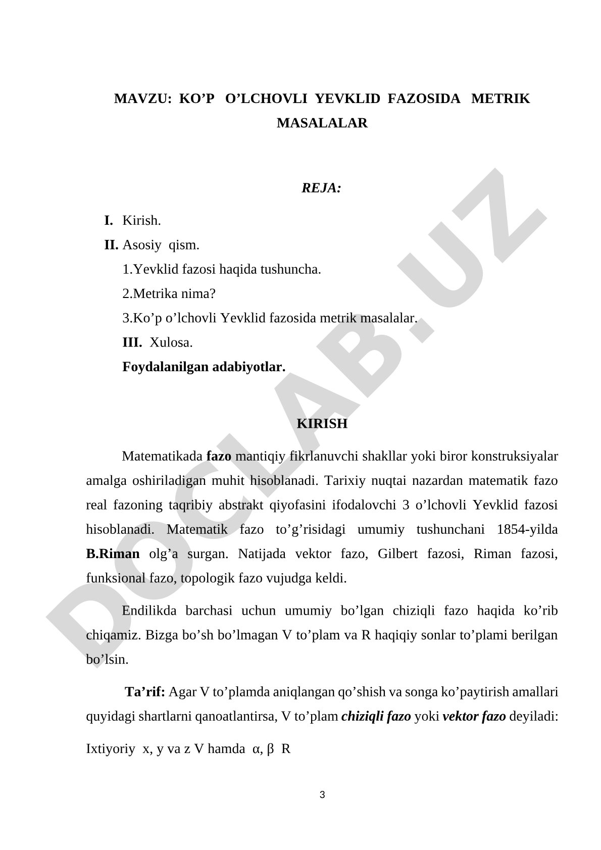 Ko’p o’lchovli Yevklid fazosida metrik masalalar