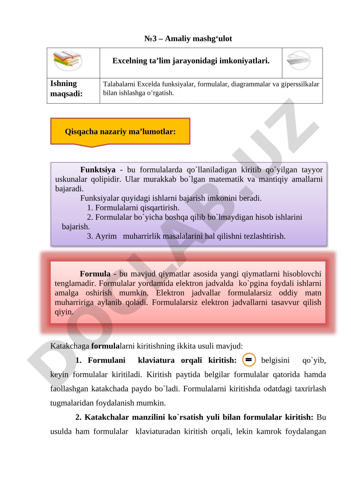 Amaliy mashg‘ulot Excelning ta’lim jarayonidagi imkoniyatlari