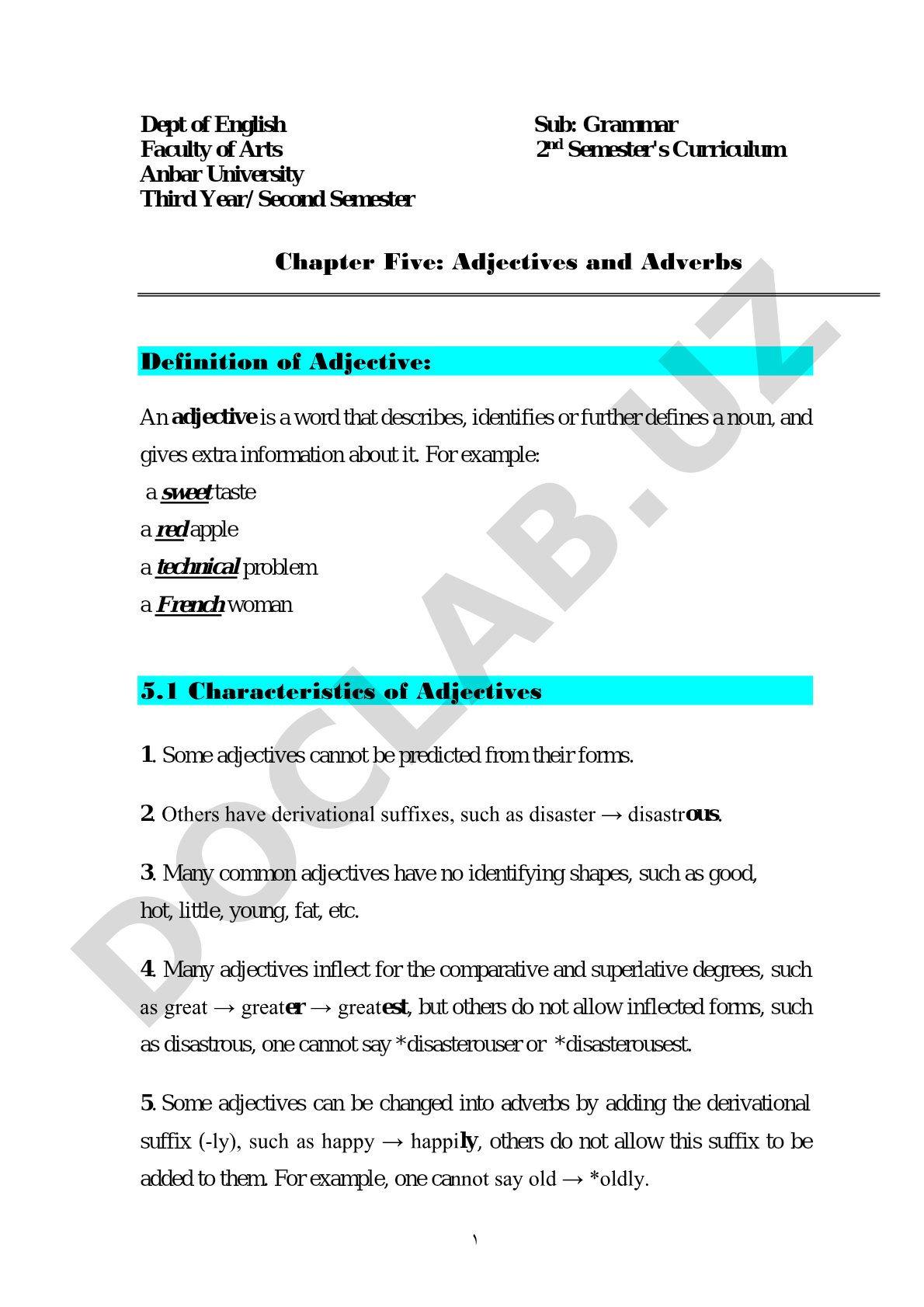 Educational material on adjectives and adverbs, their types, and usage in English grammar