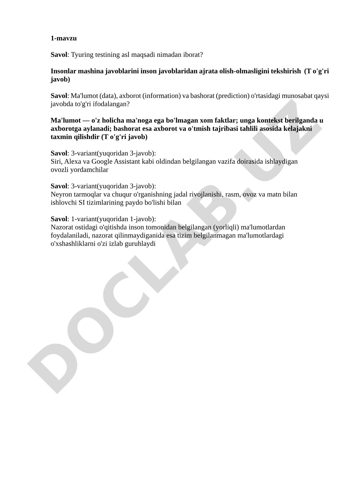 Sun'iy intellekt bo'yicha test savollari