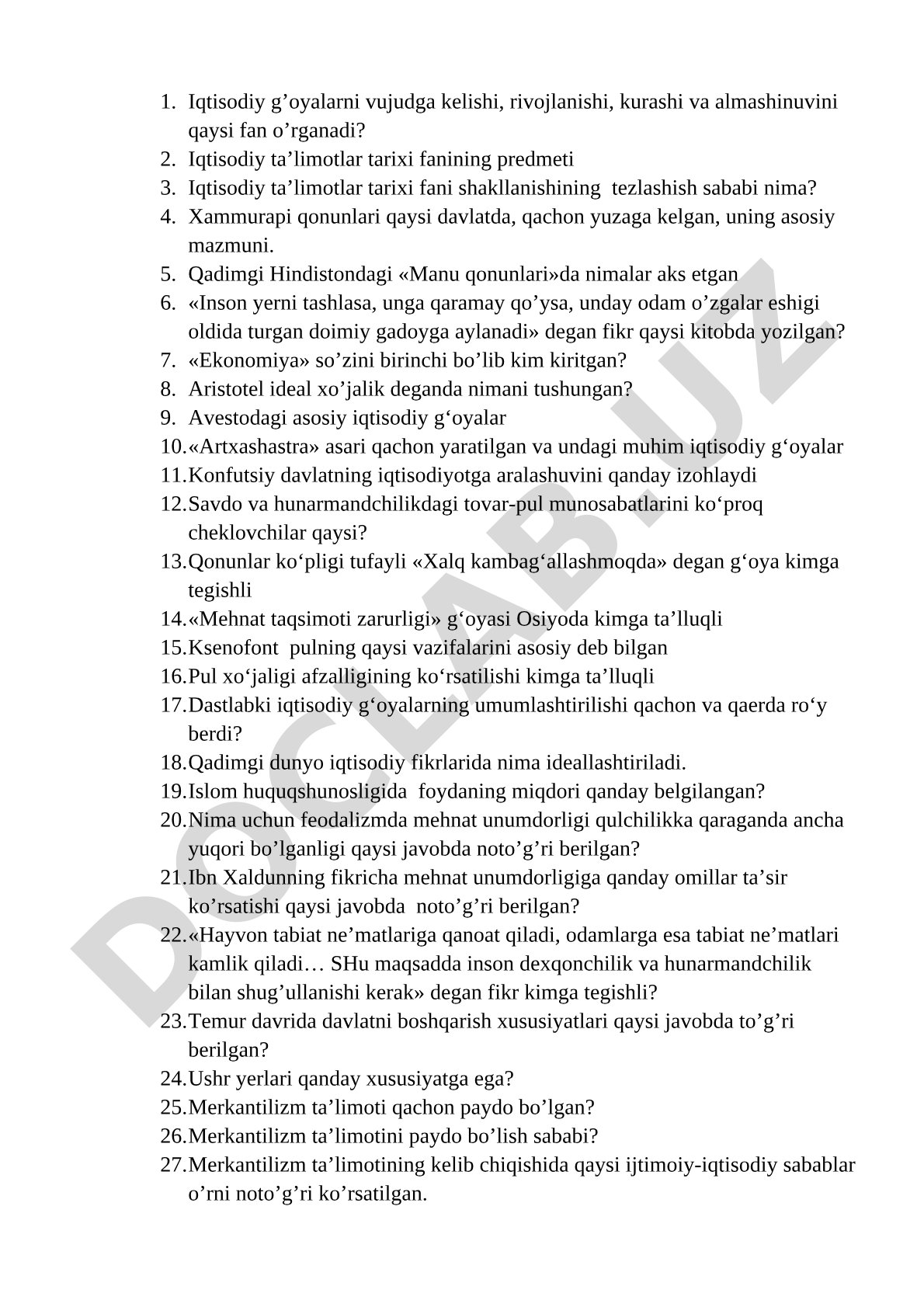 Iqtisodiy ta'limotlar tarixi fanining predmeti va asosiy g'oyalar