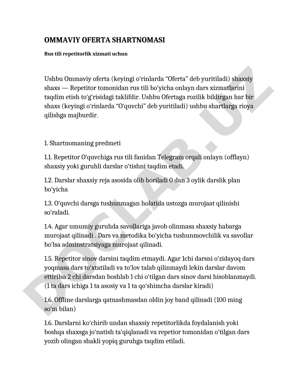 Ommaviy oferta shartnomasi (Rus tili repetitorlik xizmati)