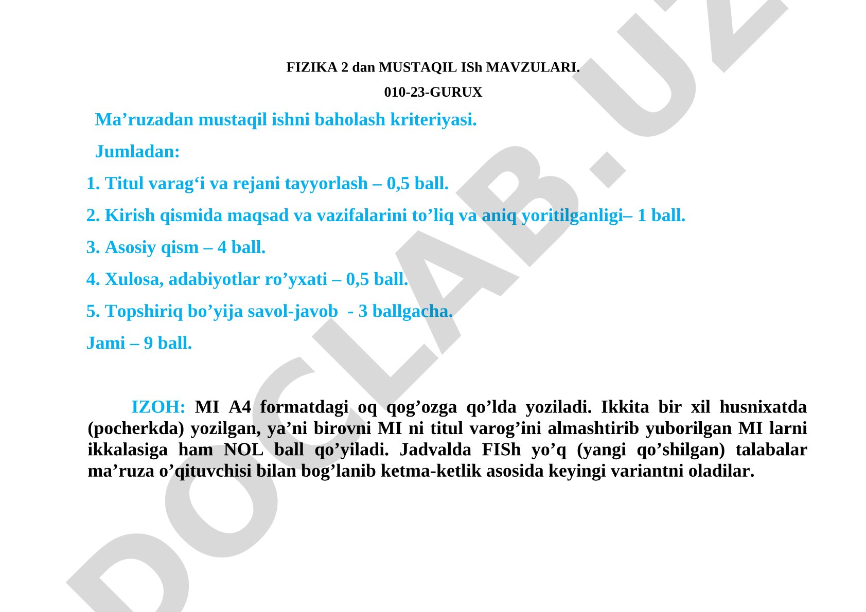 Fizika 2 dan mustaqil ish mavzulari