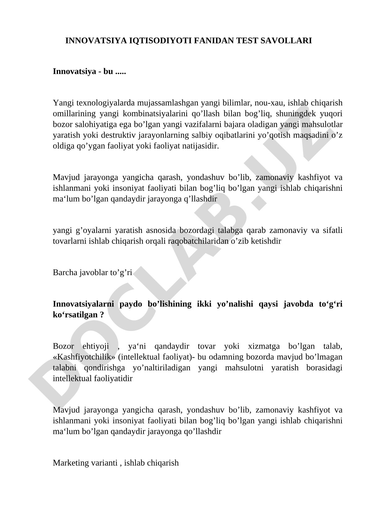INNOVATSIYA IQTISODIYOTI FANIDAN TEST SAVOLLARI
