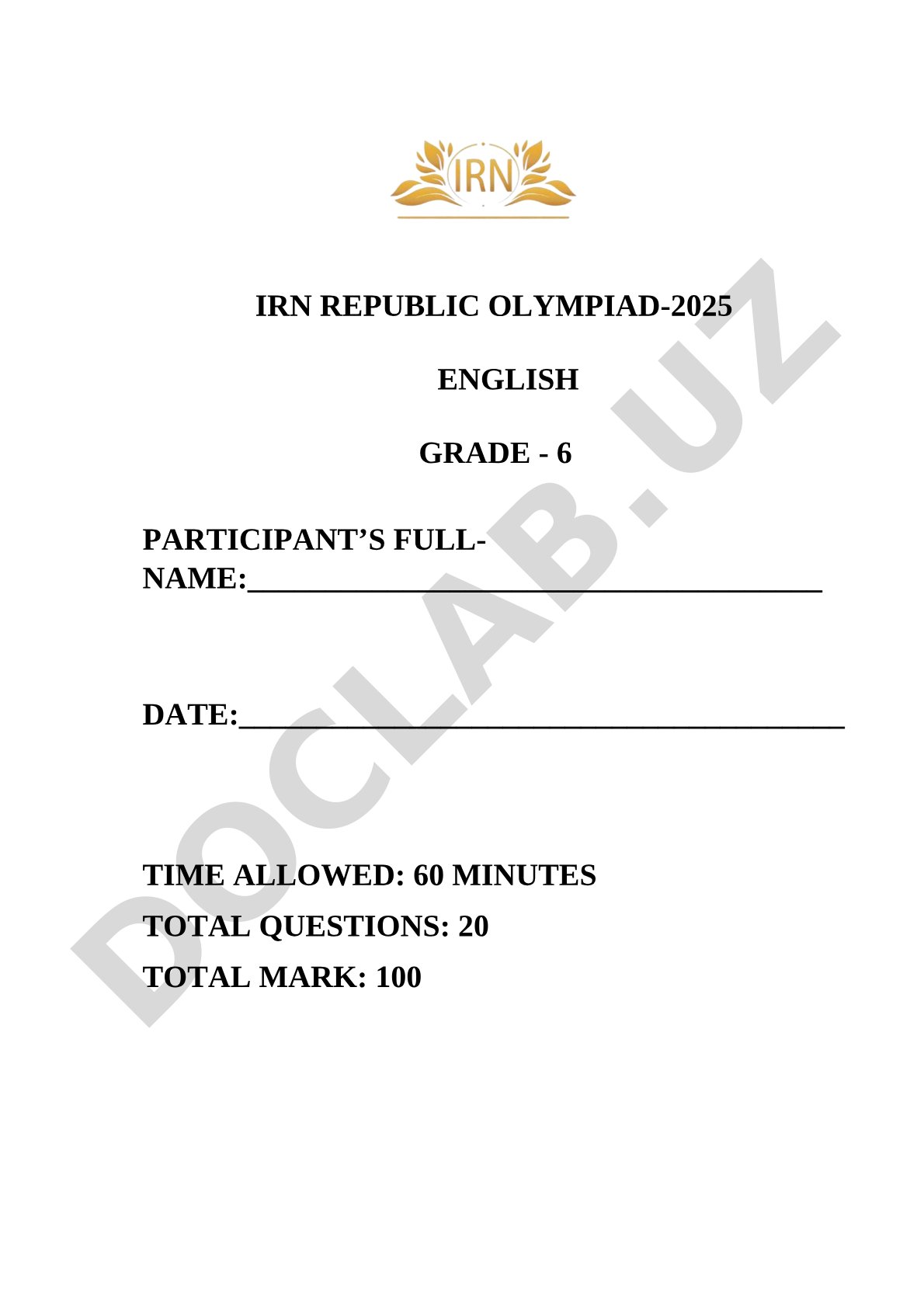 English Olympiad Grade 6 Grammar and Vocabulary Test