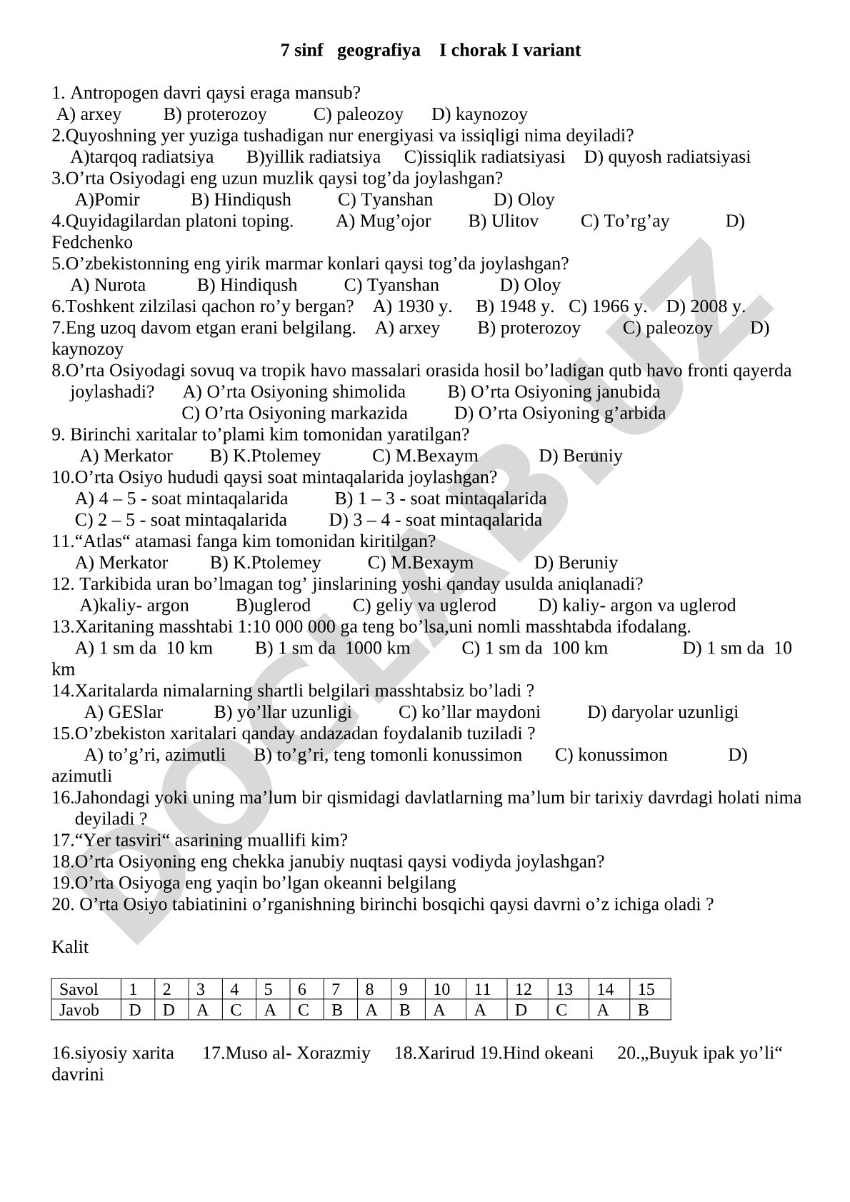7 sinf geografiya I chorak I variant