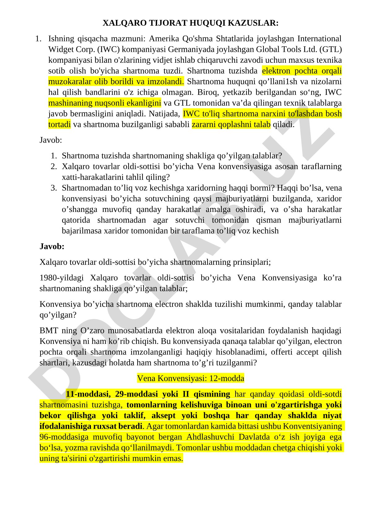 Xalqaro tijorat huquqi kazuslari: International Widget Corp. va Global Tools Ltd. o'rtasidagi shartnoma nizosi