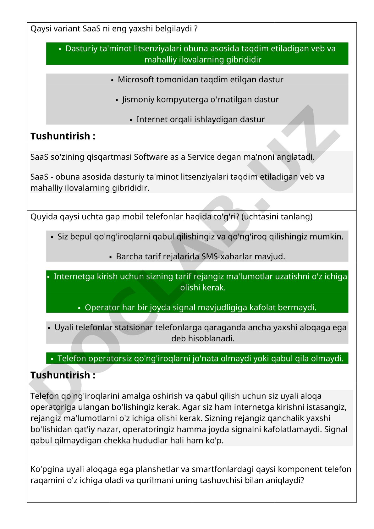 SaaS va mobil telefonlar haqida test savollari