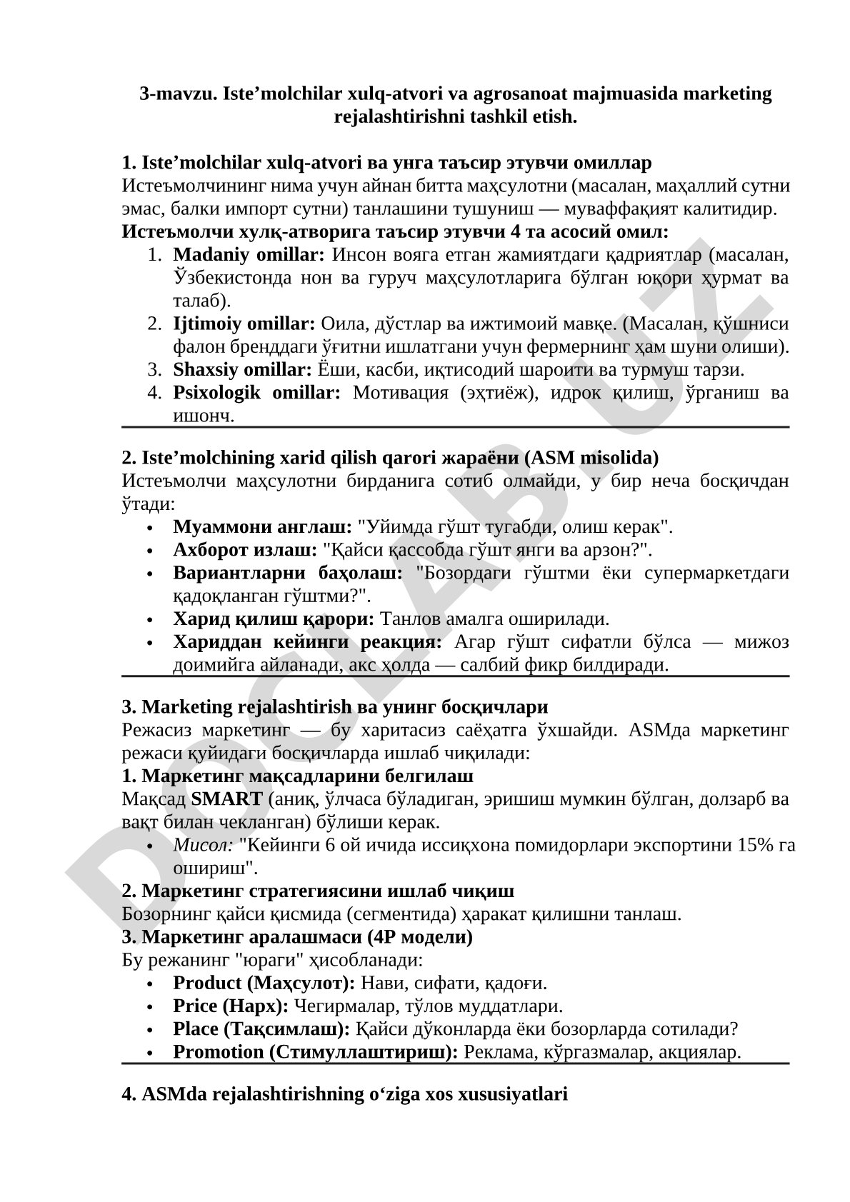 Iste’molchilar xulq-atvori va agrosanoat majmuasida marketing rejalashtirishni tashkil etish