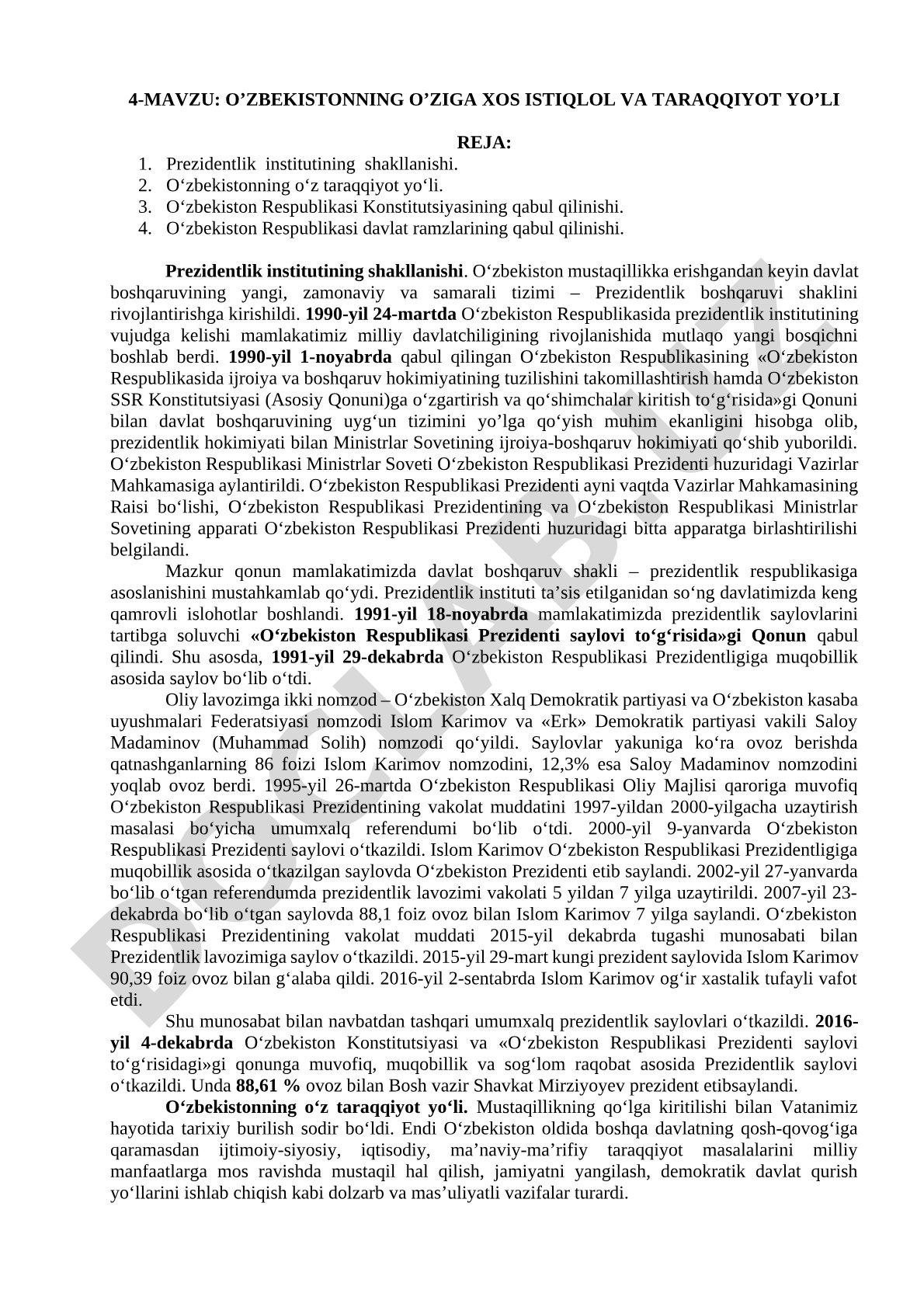 O'ZBEKISTONNING O'ZIGA XOS ISTIQLOL VA TARAQQIYOT YO'LI