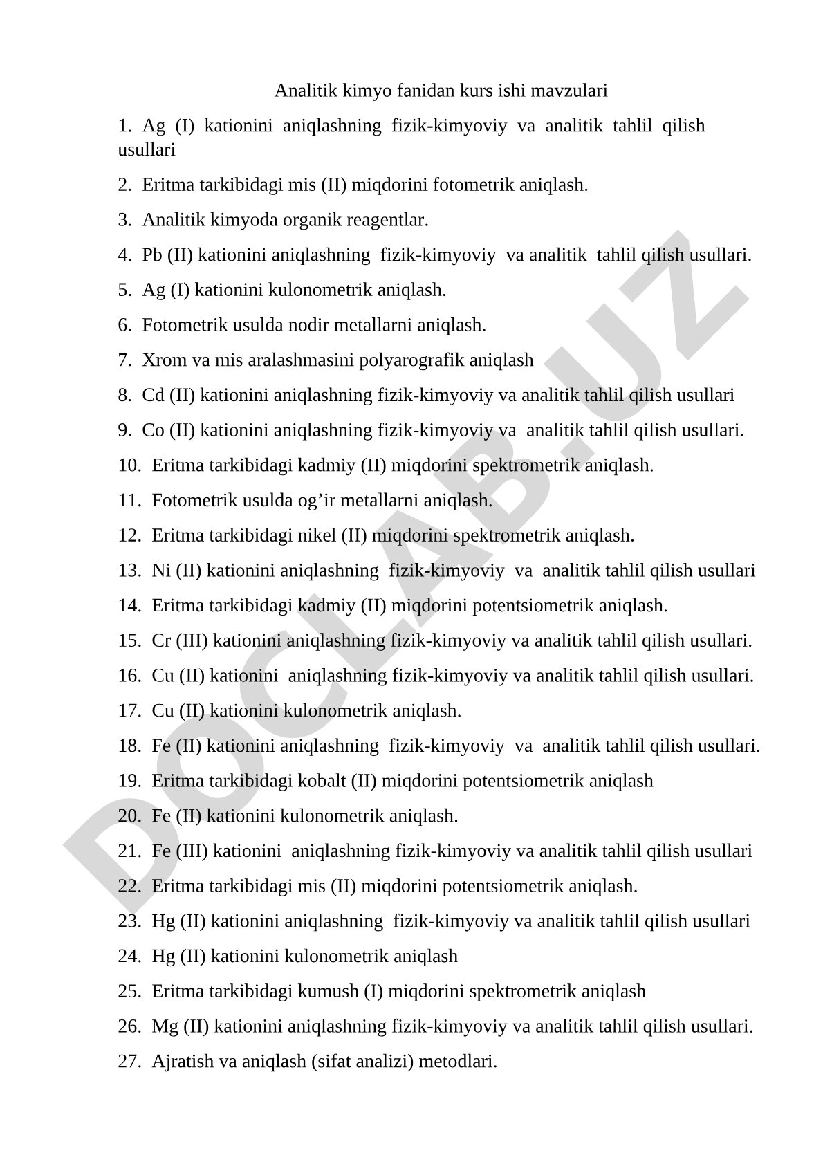 Analitik kimyo fanidan fizik-kimyoviy va analitik tahlil usullari mavzulari