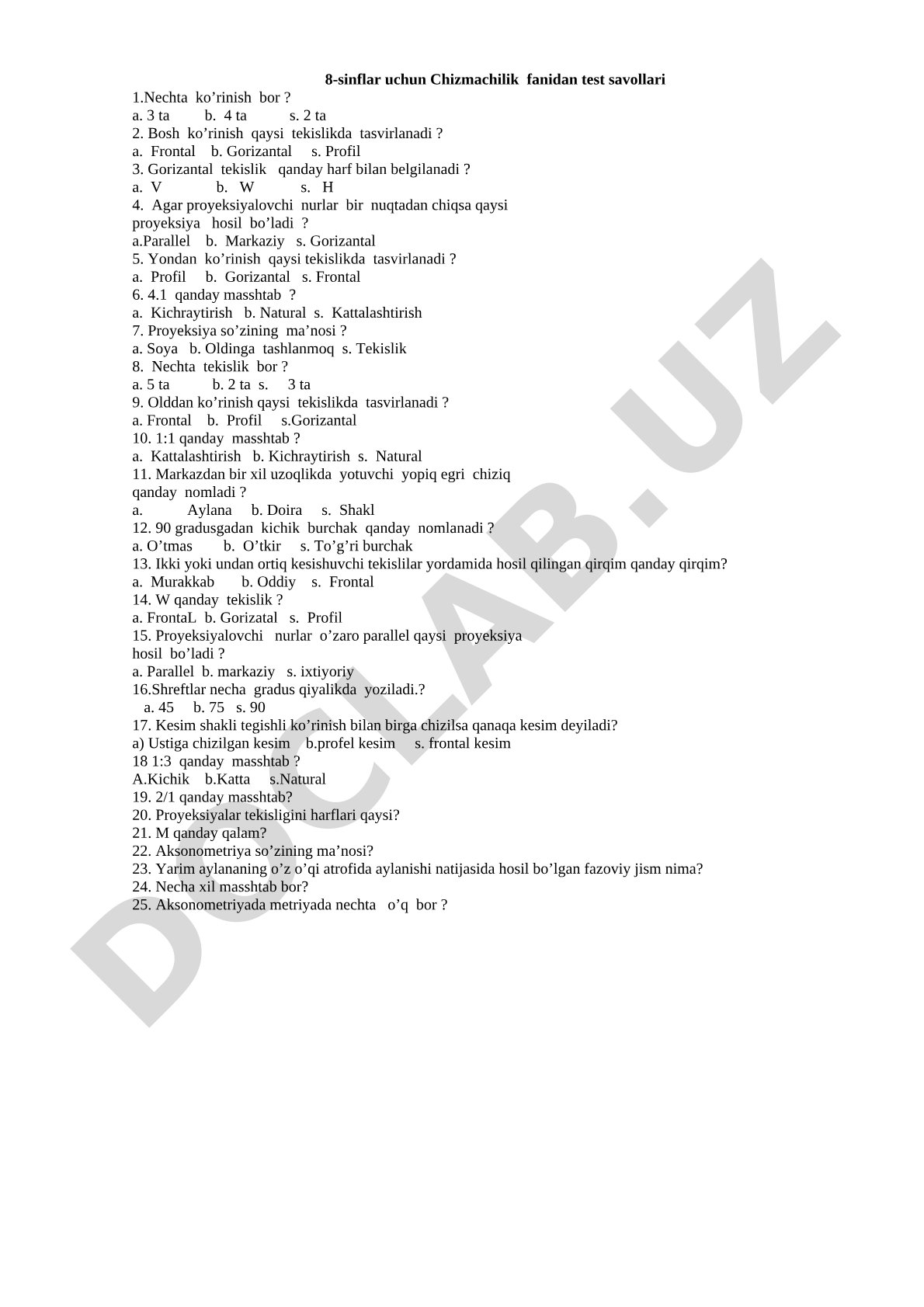 8-sinflar uchun Chizmachilik fanidan test savollari