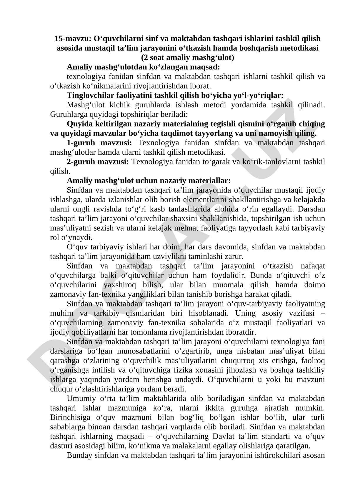 O‘quvchilarni sinf va maktabdan tashqari ishlarini tashkil qilish asosida mustaqil ta’lim jarayonini o‘tkazish hamda boshqarish metodikasi (2 soat amaliy mashg‘ulot)