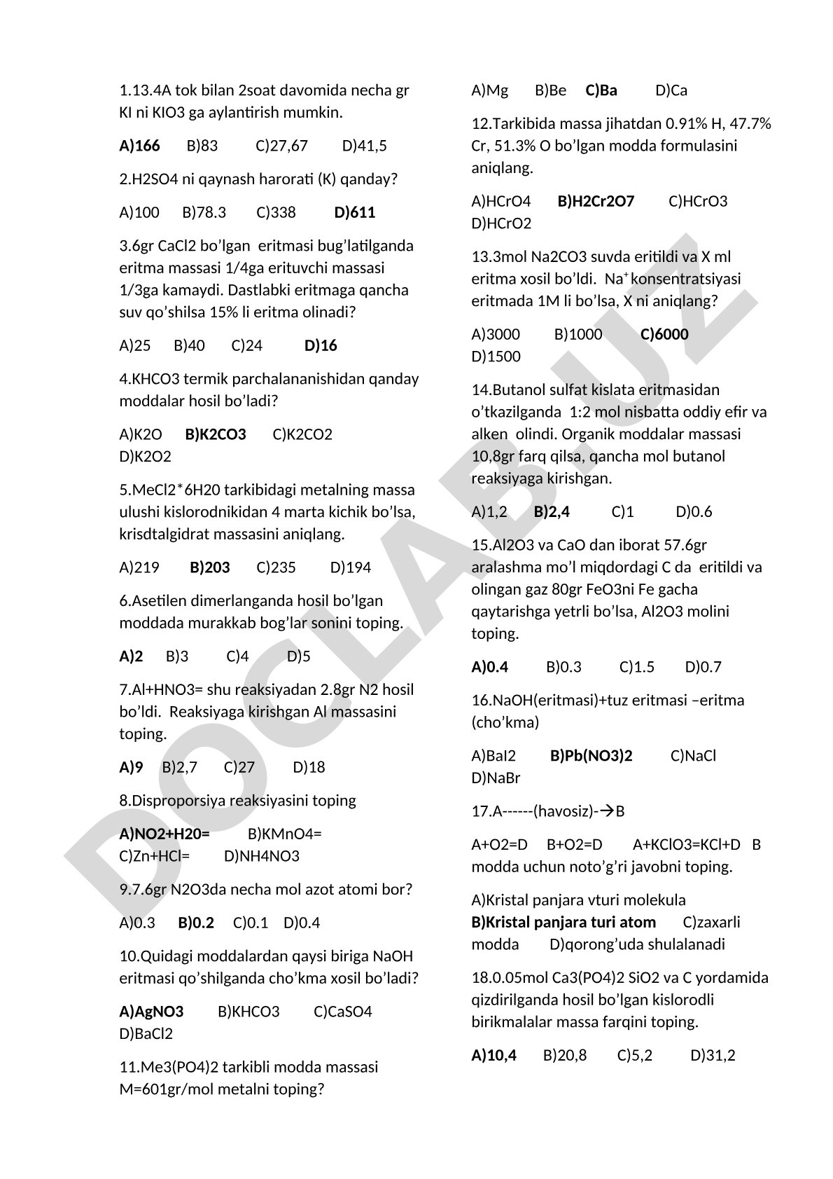 Kimyo fanidan test savollari